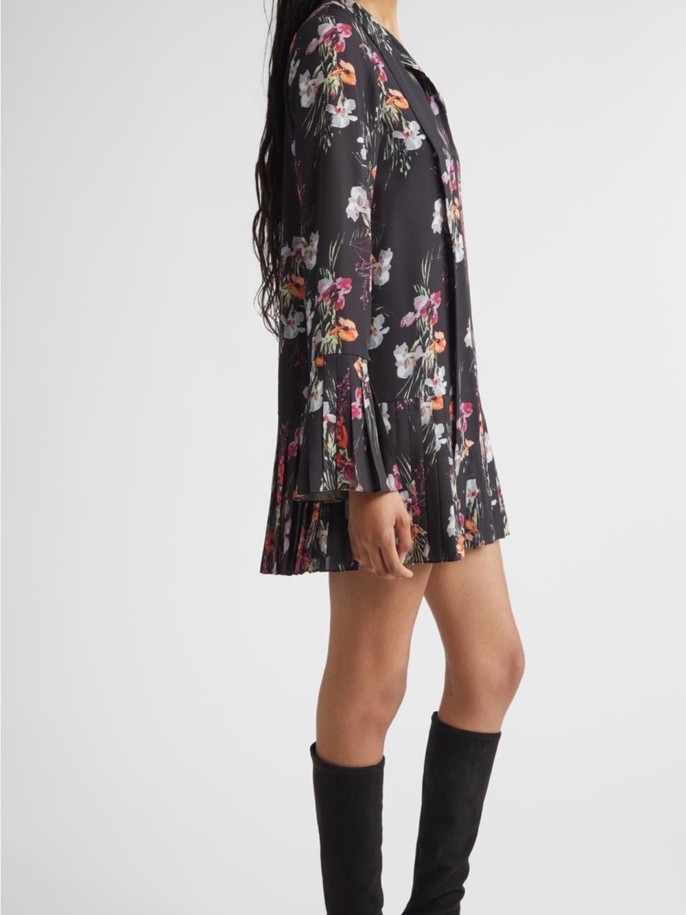 cinq a sept Black Floral Long-Sleeve Pleated Hem Dress - Picture 3 of 9